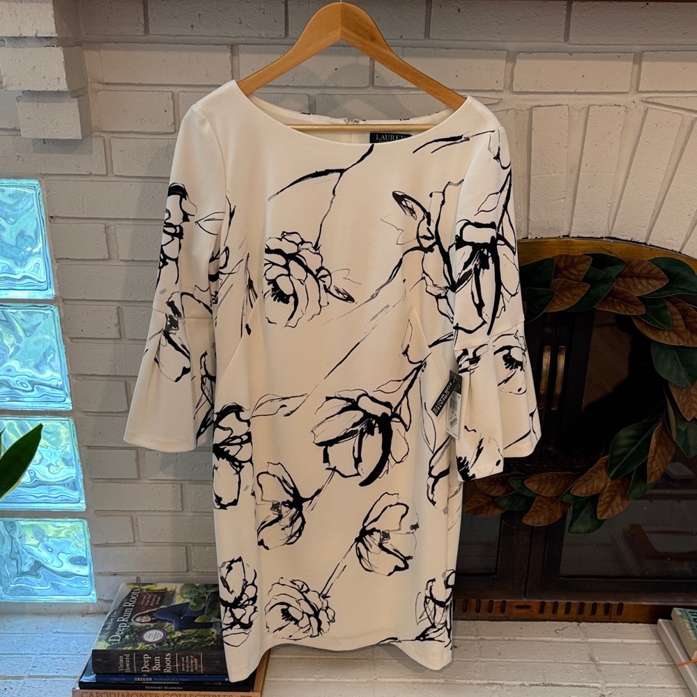NWT! Ralph Lauren Black and White Floral Long Sleeve Dress